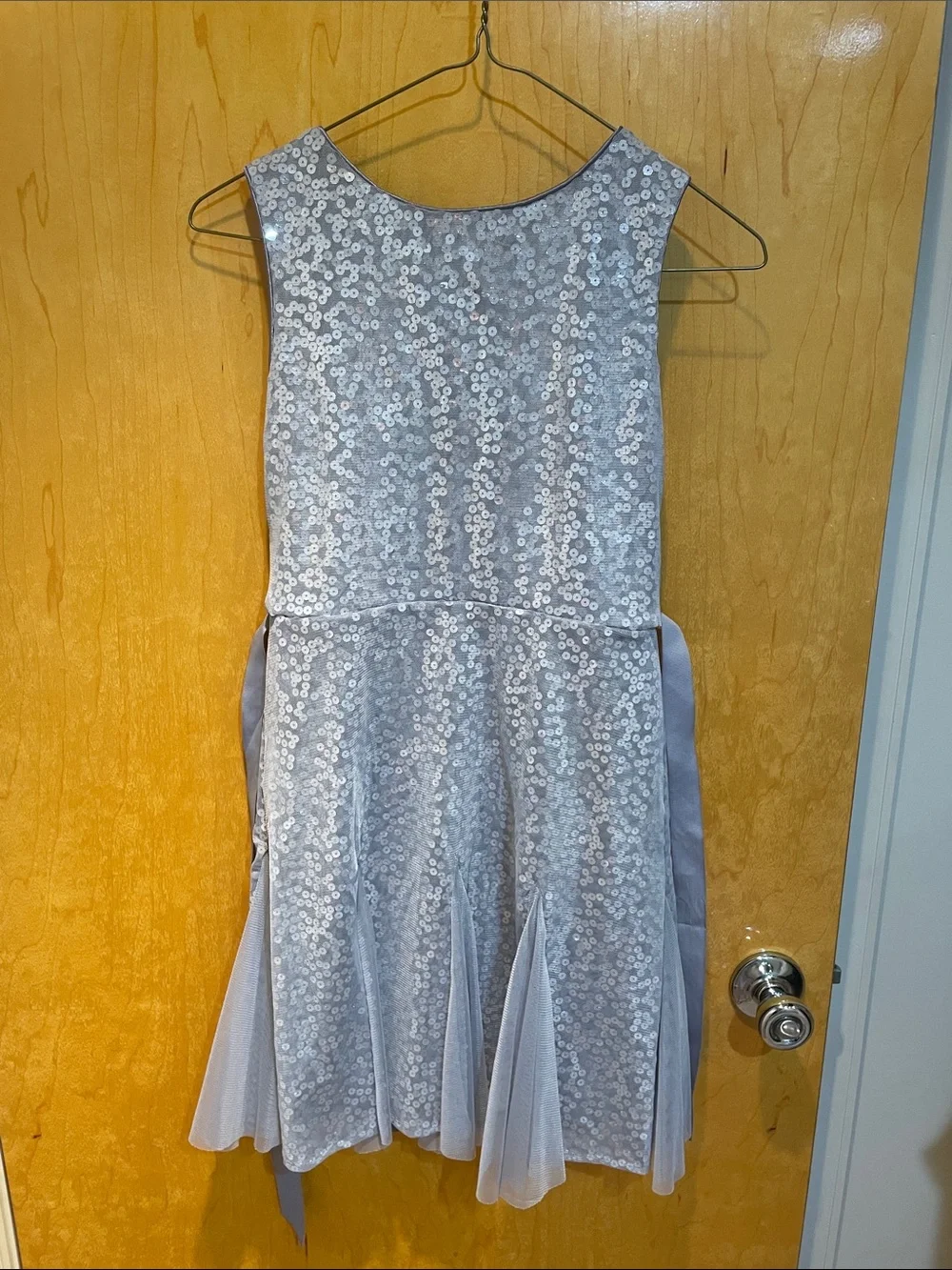 Girls Silver Sequin Party Dress with Tie Waist